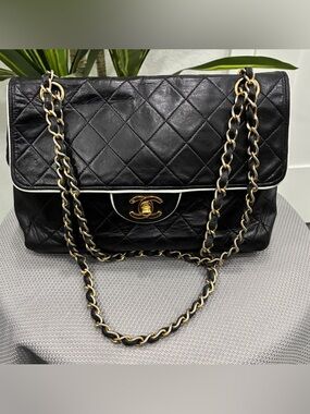Chanel Quilted Black Leather Double Chain Shoulder Bag used -authentic